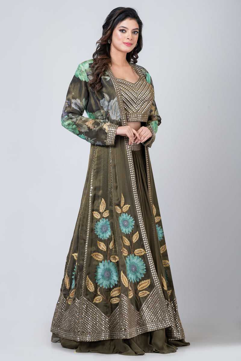 Purkashish Lehenga with a blouse and long jacket
