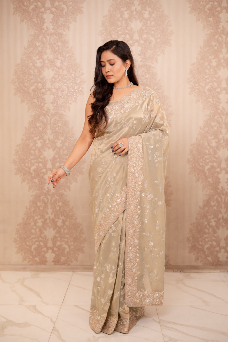 Noor (Green Crushed Tissue Embroidery Saree)