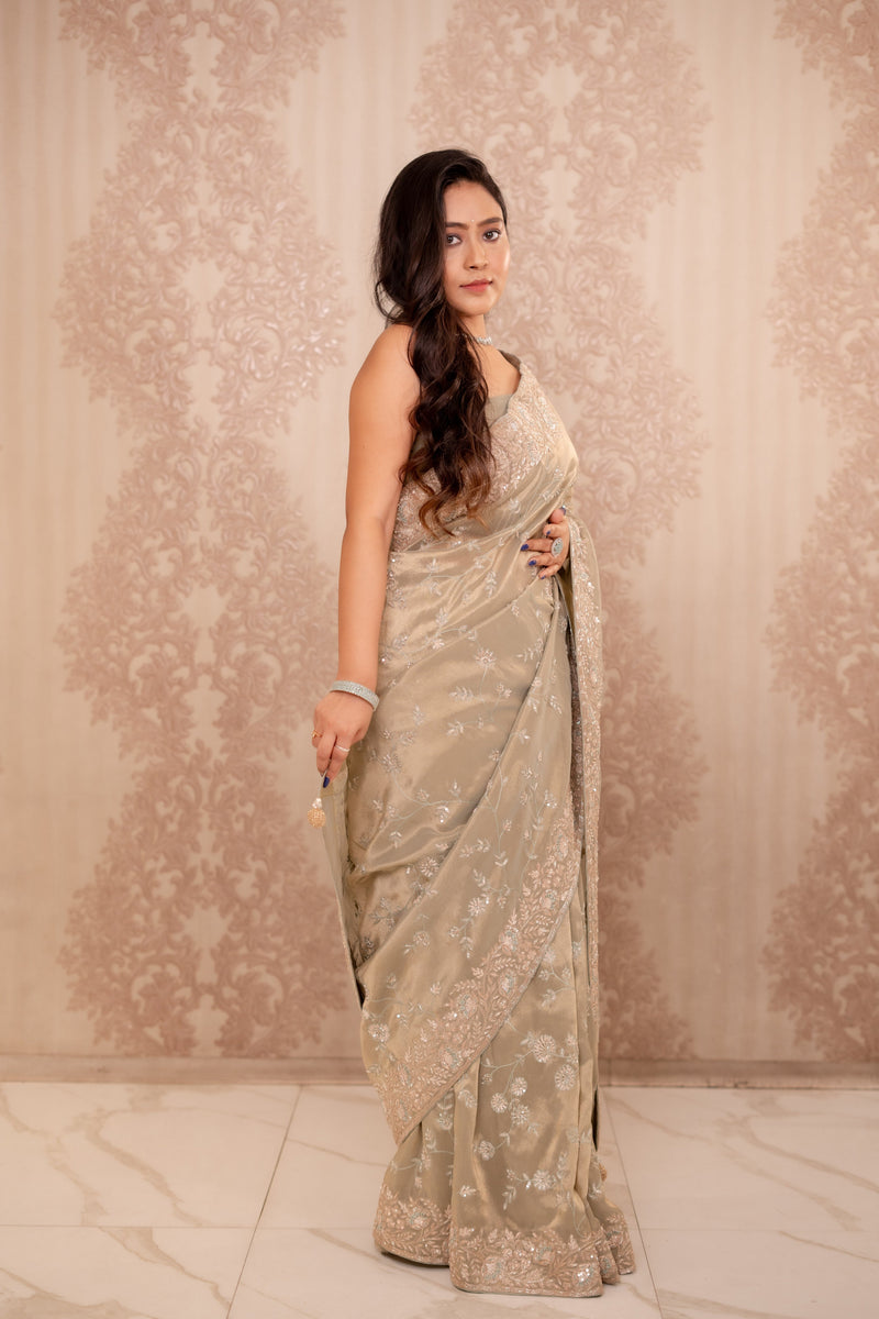 Noor (Green Crushed Tissue Embroidery Saree)