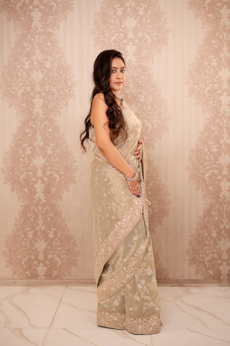 Noor (Green Crushed Tissue Embroidery Saree)