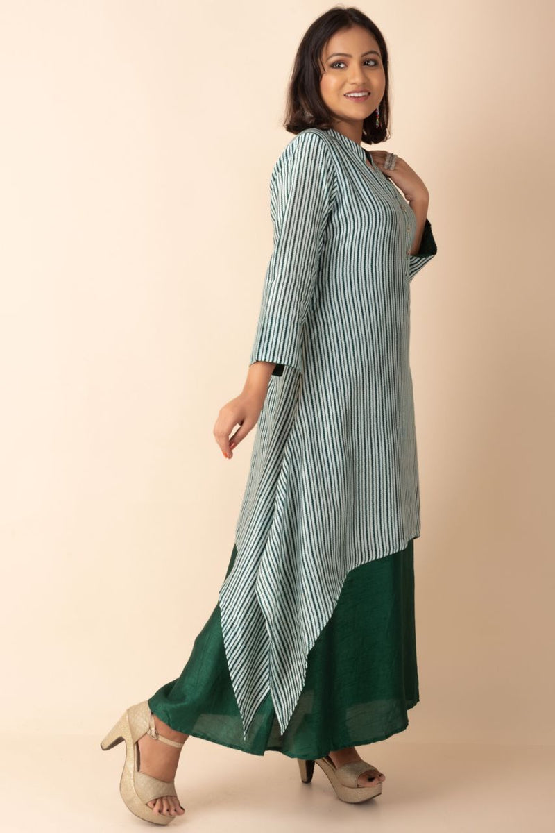Banded Collar Grey and BlacK High Neck Straight Kurti Palazzo Set